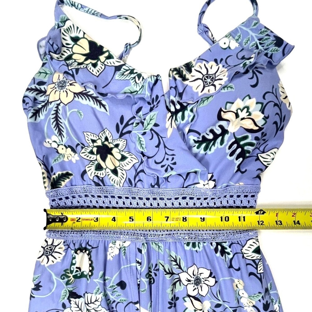 No Boundaries Floral Maxi Romper Dress Blue Crochet Waist Small 3-5 Boho Slit - Picture 4 of 8
